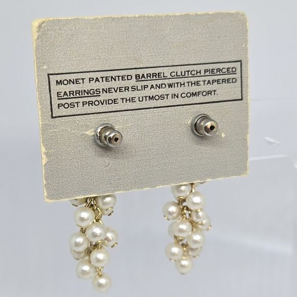 Vintage Monet Faux Pearl Cluster Pierced Surgical Steel Post Earrings VTG NEW - Picture 3 of 4